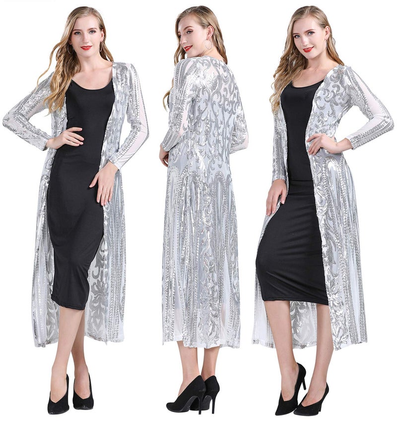ZX Z&X Women's Sparkling Sequin 1920s Cover Up Loose Open Front Long Sleeve Cardigan Coat Dress for Evening Party X-Large Silver - Image 2